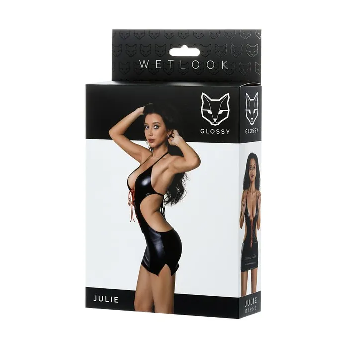 Dress Wetlook with Red Laces Julie Black Glossy Anal
