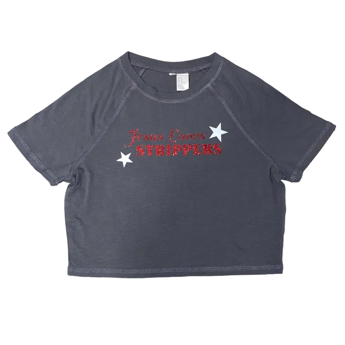 Anal Intamo Pleasure Boutique Jesus Loves Strippers Crop Tee Dark Grey
