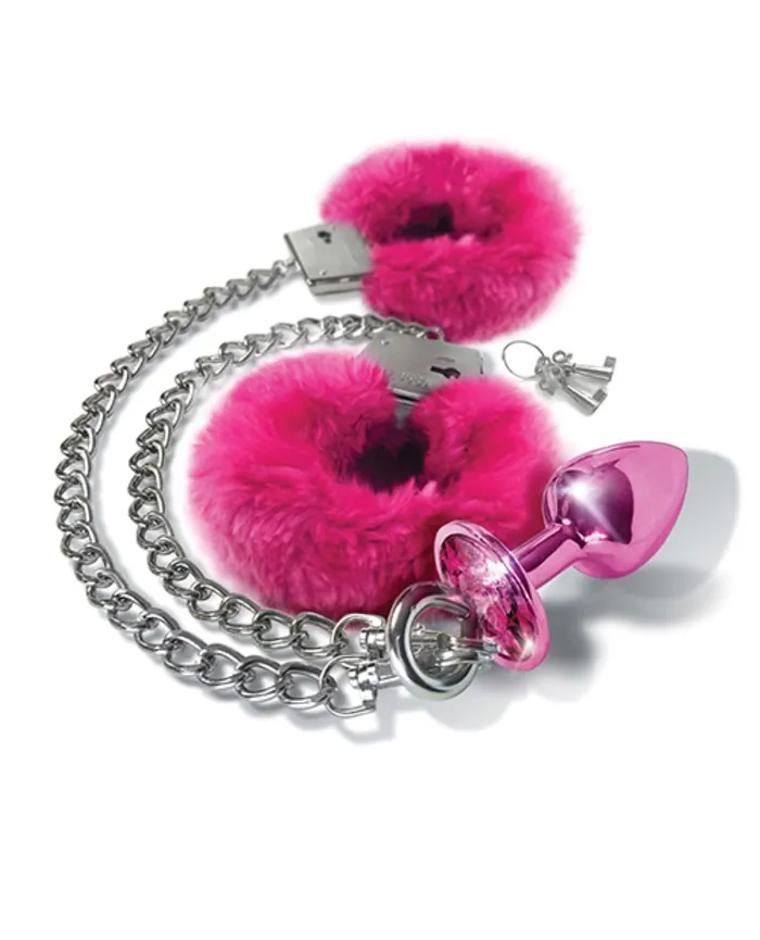 Nixie Metal Plug Furry Cuff Set Pink Metallic Global Novelties Anal