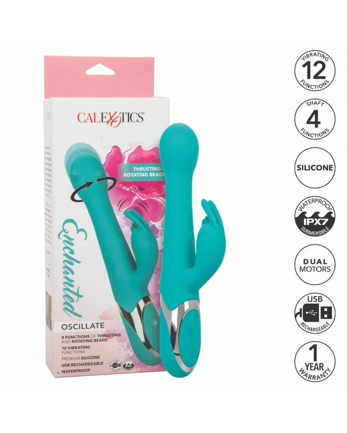 Vibrators Enchanted Oscillate Rotating Head Thrusting Rabbit Vibrator Teal CalExotics