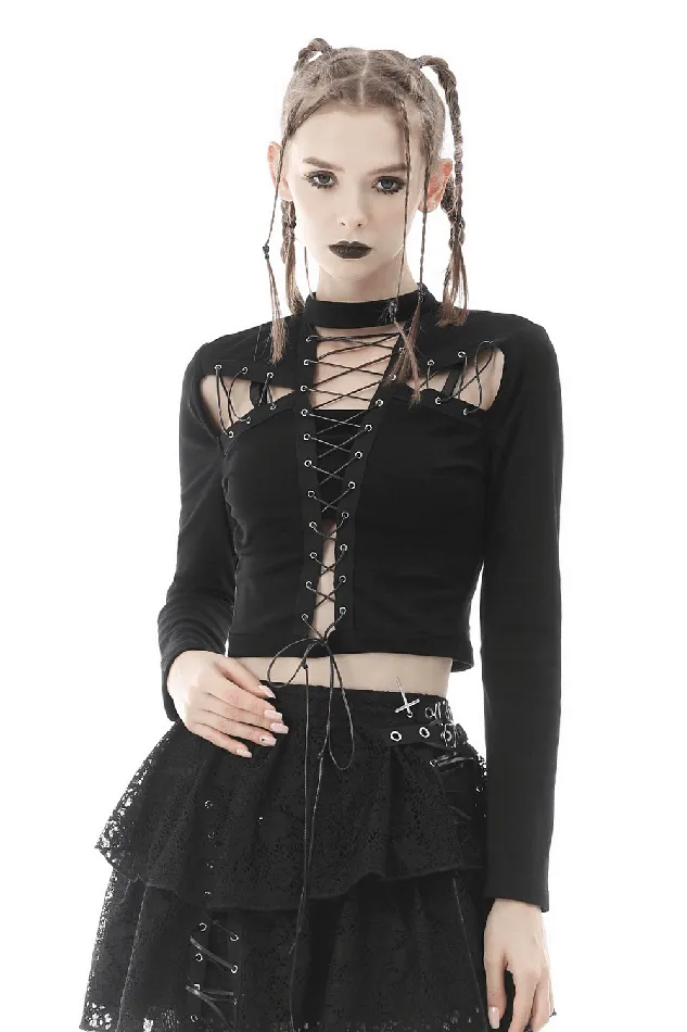 Black LongSleeved Top with Edgy LaceUp Detail for Women EVEs SECRETS Anal