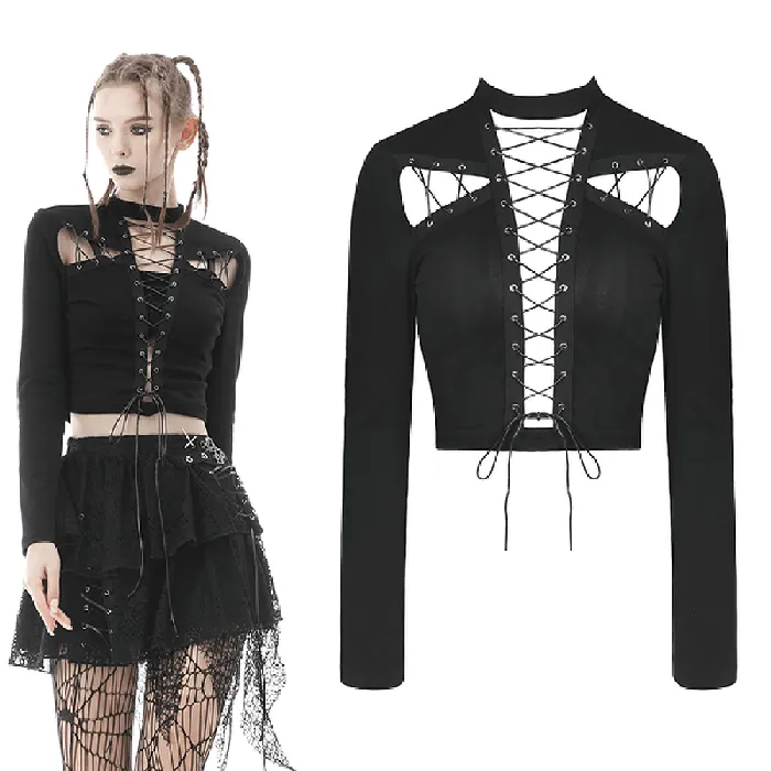 Black LongSleeved Top with Edgy LaceUp Detail for Women EVEs SECRETS Anal