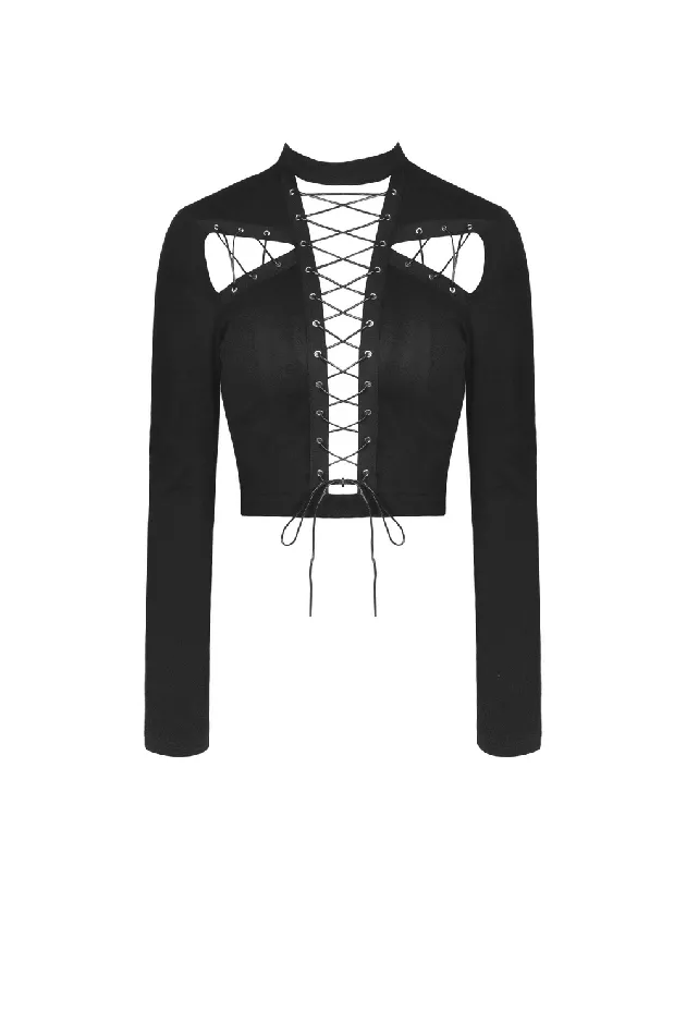 Black LongSleeved Top with Edgy LaceUp Detail for Women EVEs SECRETS Anal