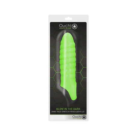 Male Sex Toys Shots America LLC Ouch Glow in the Dark Swirl Thick Stretchy Penis Sleeve 63in Neon Green