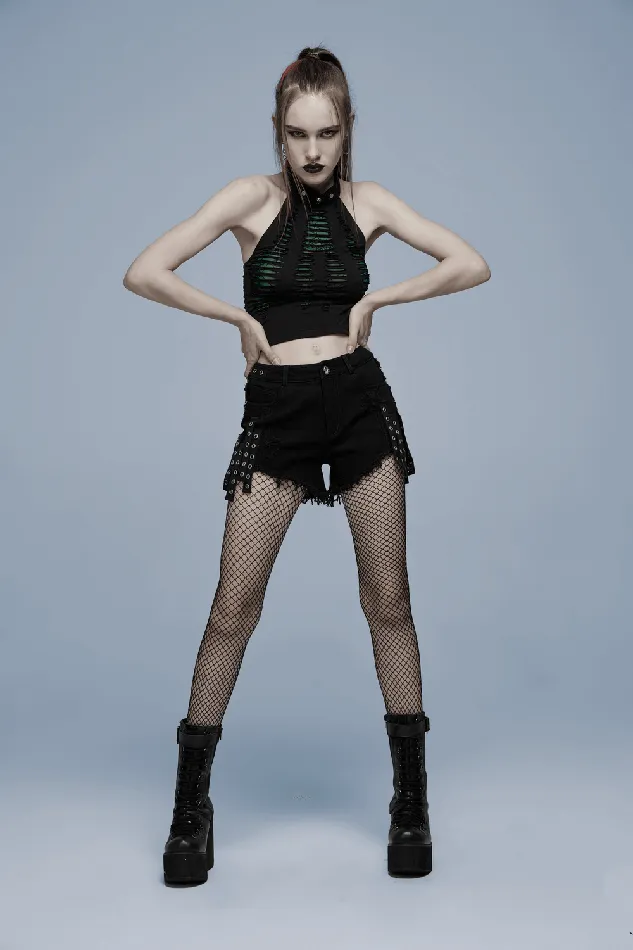Punk Black Denim Shorts with Stylish Embellishments EVEs SECRETS Anal