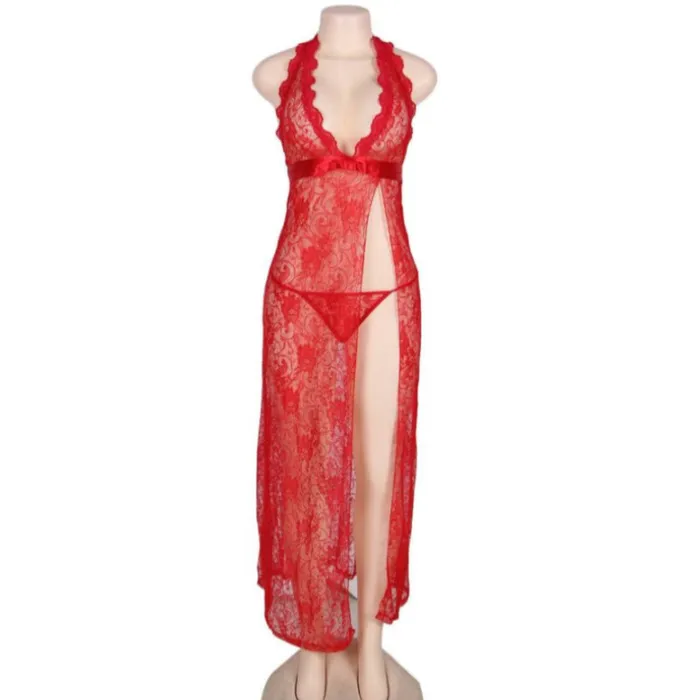 FRISKY BUSINESS SG Vibrators Slips 2 Pcs Red Sexy Lace Halter Neck Long Dress