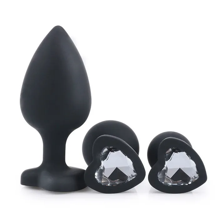 Heart Shaped Black Silicone Butt Plug with Gem Small Clear AotoWholesale China Anal