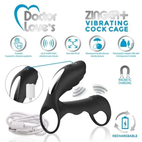 Doctor Love Zinger Vibrating Rechargeable Cock Cage W Remote Black Doctor Love Male Sex Toys Doctor Love Zinger Vibrating Rechargeable Cock Cage W Remote Black Doctor Love Male Sex Toys