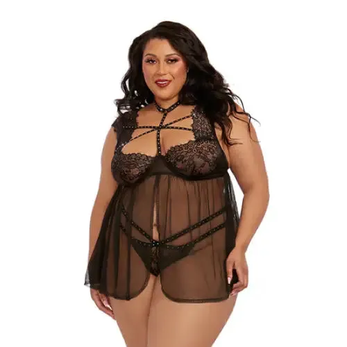 Dreamgirl International Teddies And Bodies Dreamgirl PlusSize Lace Babydoll With Thong Black 2X Hanging
