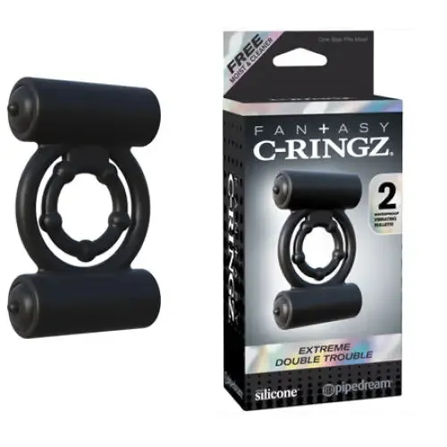 Fantasy CRingz Female Sex Toys Pipedream Fantasy CRingz Extreme Double Trouble Vibrating Silicone Cockring With Dual Bullets Black Fantasy CRingz Female Sex Toys Pipedream Fantasy CRingz Extreme Double Trouble Vibrating Silicone Cockring With Dual Bullets Black