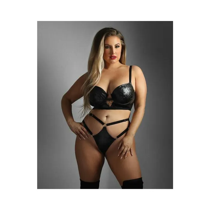 Fantasy Lingerie Anal Edge Quilted Wetlook and Mesh Longline Underwire Bra w GString Black QN