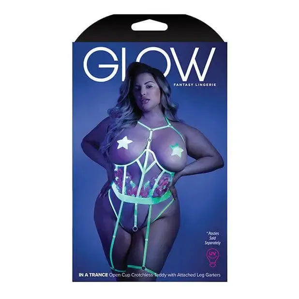 Fantasy Lingerie Anal Glow In a Trance Black Light Embroidered Cupless Garter Teddy by Fantasy Lingerie