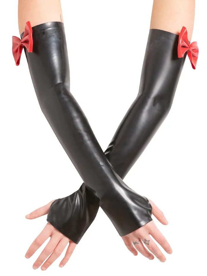 HonourSkintwocom Anal Latex Elbow Gauntlets with Bow in BlackRed