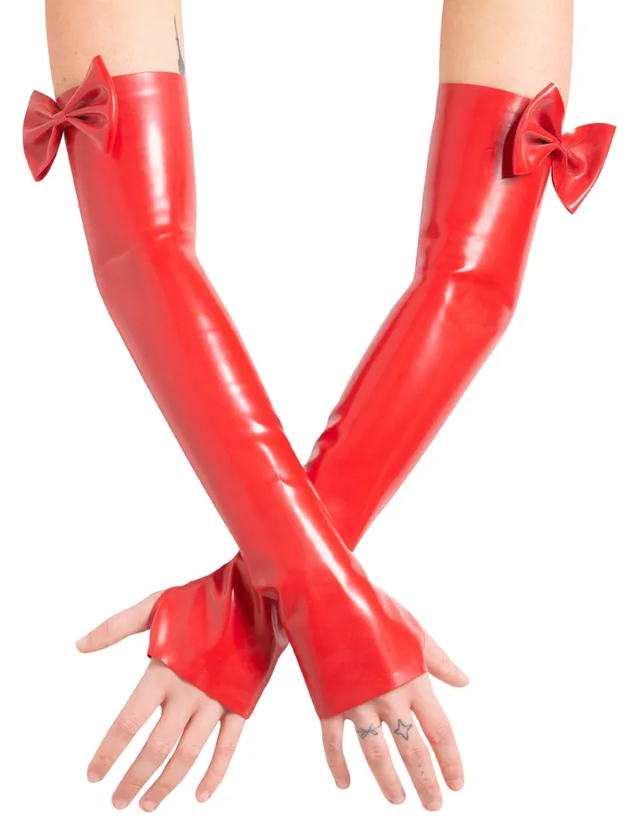 HonourSkintwocom Anal Latex Elbow Gauntlets with Bow in BlackRed