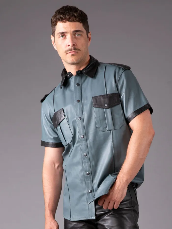 HonourSkintwocom Anal Regular Fit Leather Shirt in Grey Black