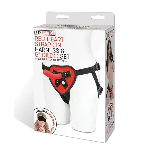 Lux Fetish Female Sex Toys Lux Fetish Red Heart StrapOn Harness 5 in Dildo Set