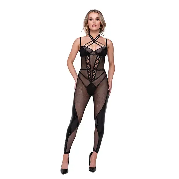 Roma Costume Couples Flirty Fetish Fishnet Faux Leather Catsuit Wsatin Trim Black Roma Costume Couples Flirty Fetish Fishnet Faux Leather Catsuit Wsatin Trim Black