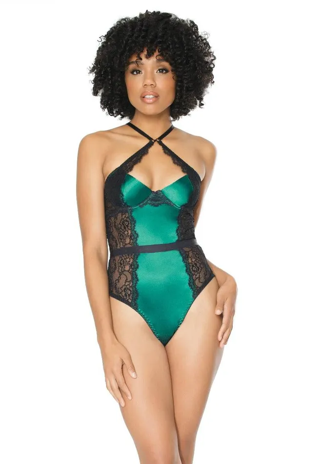 Anal Coquette 20301 Lace Satin Teddy GreenBlack Coquette
