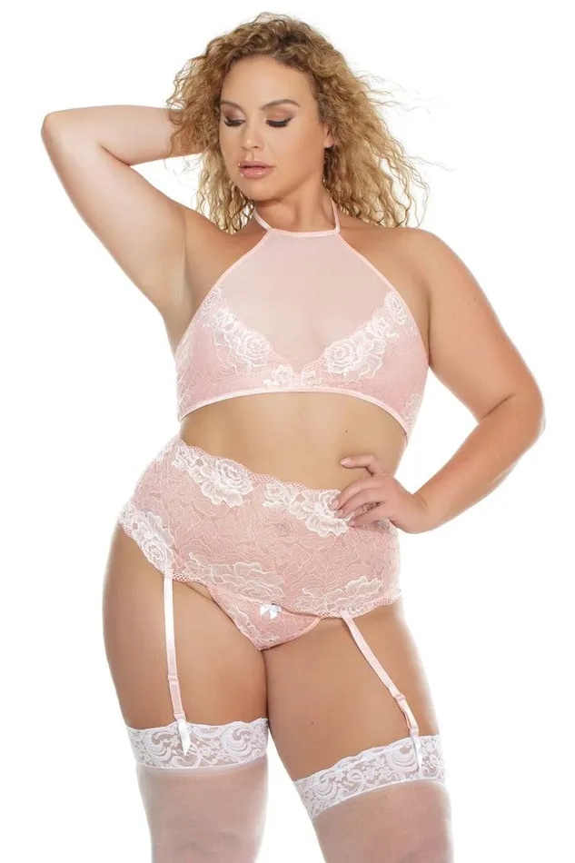 Coquette Vibrators Coquette 7176X Halter Top Garter Belt Crotchless Thong Pink OSXL